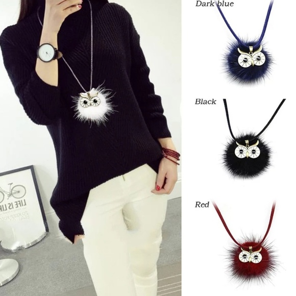 Real Fur Pom Pom Owl Long Necklace Suade - Picture 2 of 6